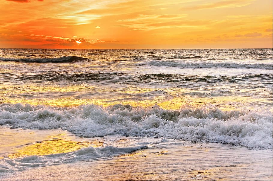 water waves during dawn, sun, denmark, summer, sea, nature HD wallpaper