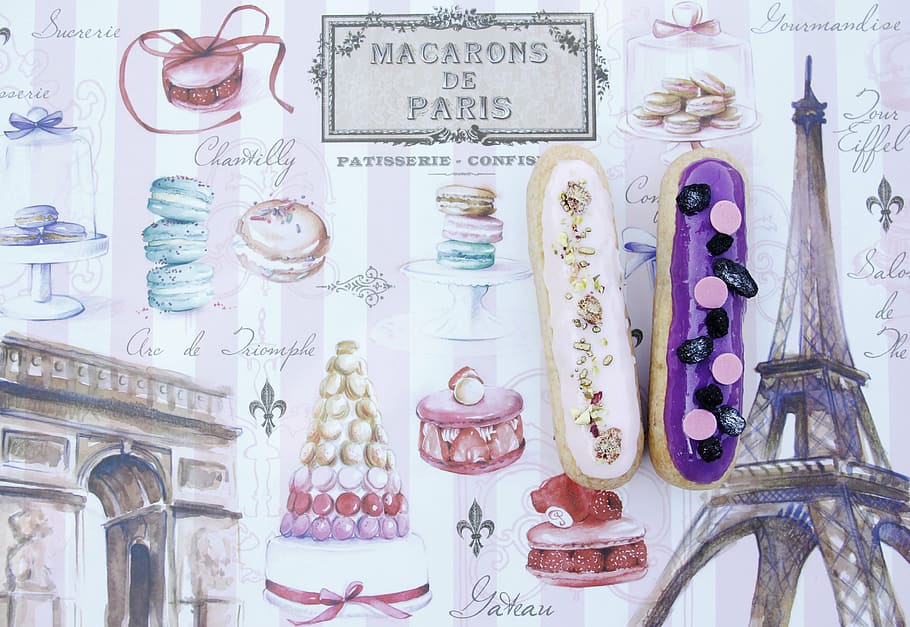 flat lay photography of Macarons De Paris poster, food, table HD wallpaper