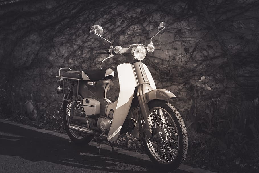 grayscale photography of motorcycle, vintage, old, motorbike