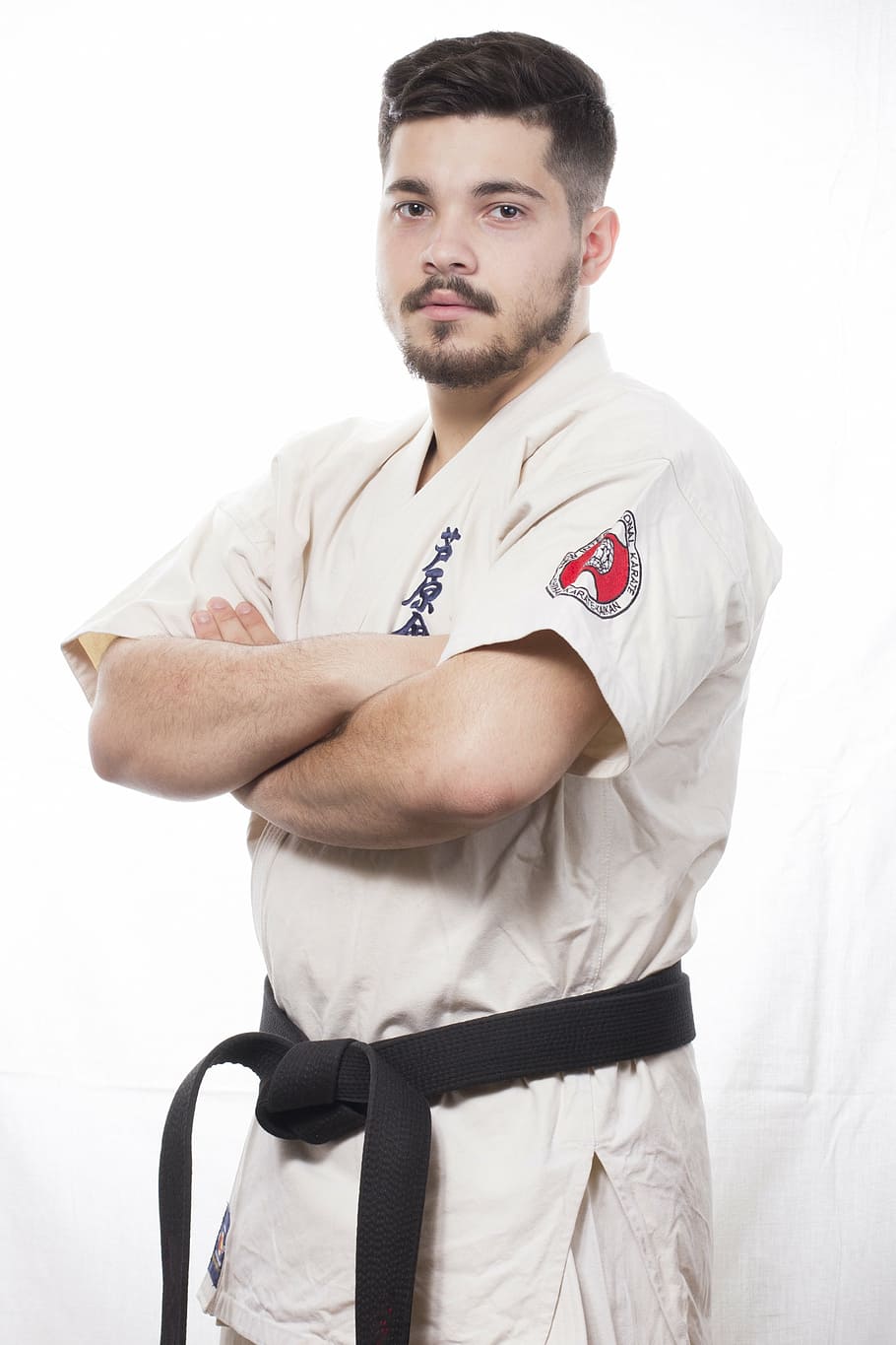 man wearing white karate gi, boy, studio, fighter, lights, black belt HD wallpaper