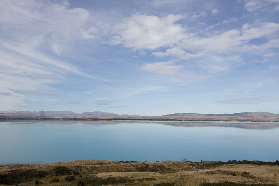 blue, sky, clouds, mountain, landscape, nature, lake, water HD wallpaper