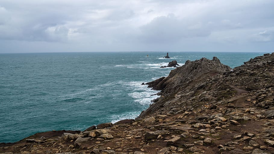 sea, rock, lighthouse, landscape, pointe du raz, brittany, finistère HD wallpaper