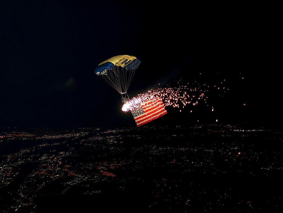 Parachutist, Flag, Fireworks, Parachute, jump, american, usa, HD wallpaper