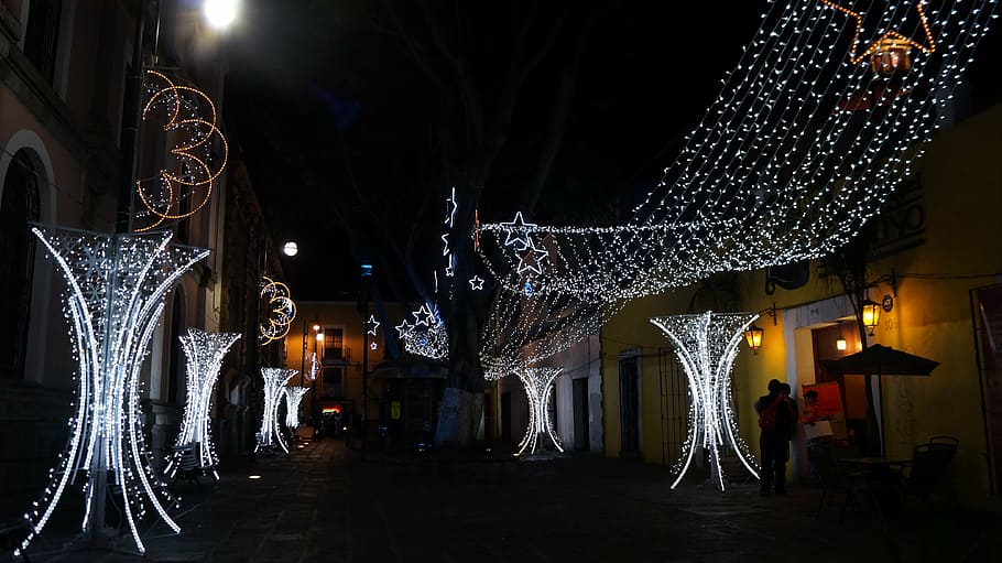 lights, christmas, decoration, illuminated, night, architecture HD wallpaper