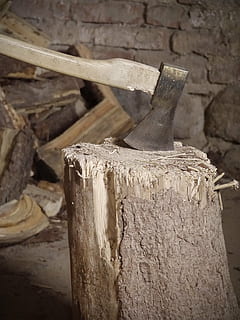 gray and brown wood ax on brown cut log, hack stock, axe, make wood HD wallpaper