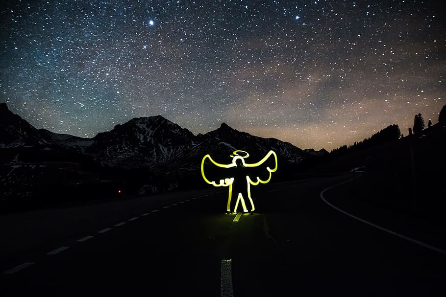 angel neon light on road under starry sky, Angel, Light, Light Graffiti, HD wallpaper