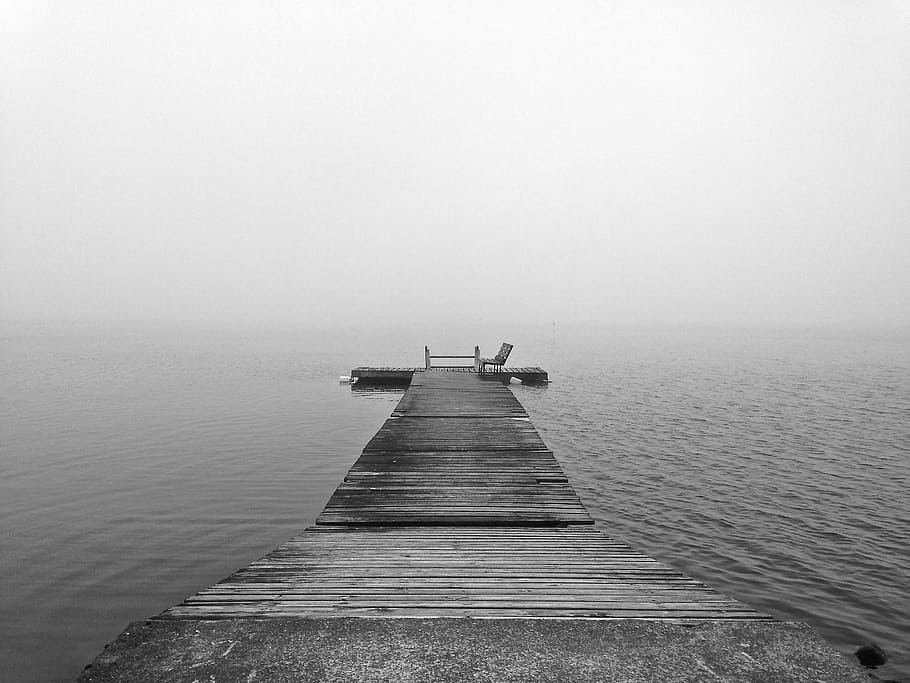 brown seadock in between body of water, fog, peer, lake, foggy HD wallpaper