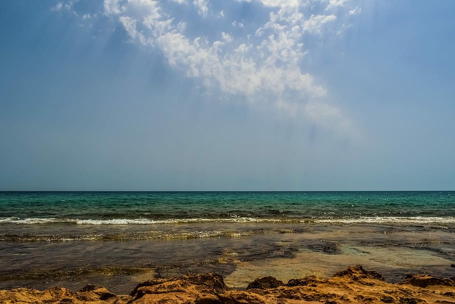 Coast, Sea, Clouds, Strange, sky, sunbeam, sunlight, nature HD wallpaper