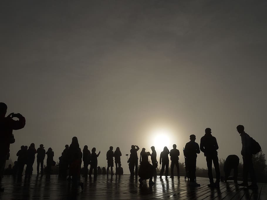 Sunrise, The Crowd, Backlighting, people view, sihouette, silhouette, HD wallpaper