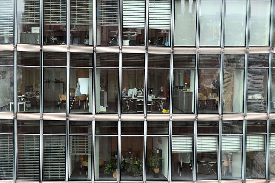 people in the room during daytime, office, office complex, glass facade HD wallpaper