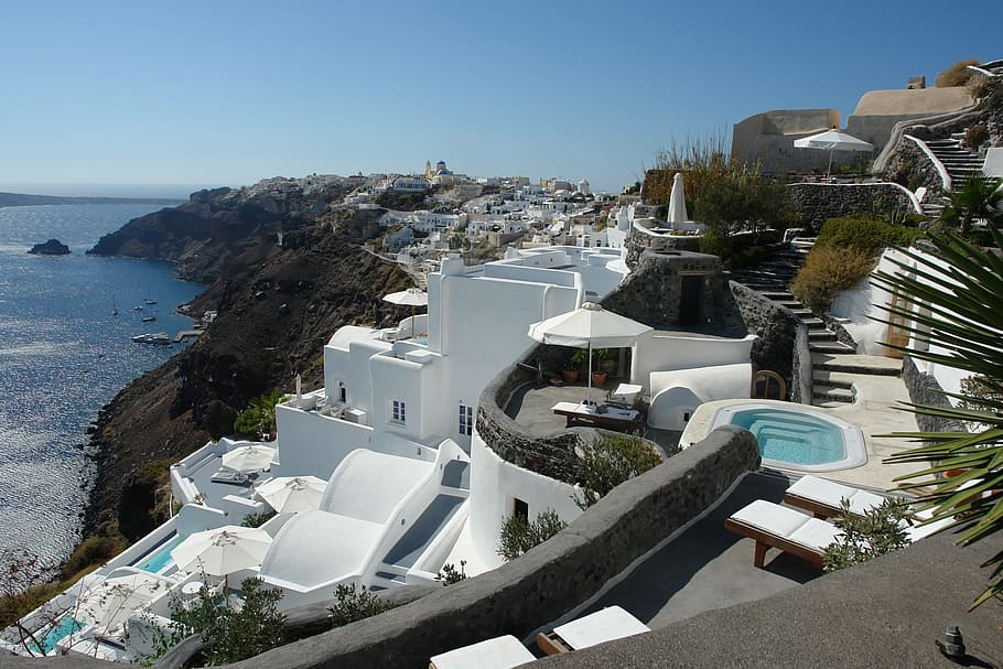 Greece, Vacation, perivolas, accomodation, summer, hotel, blue HD wallpaper