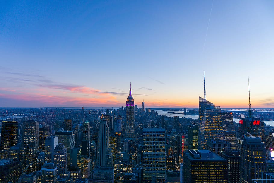 aerial photograph of high rise buildings, aerial photography of Empire State Building during blue hour HD wallpaper
