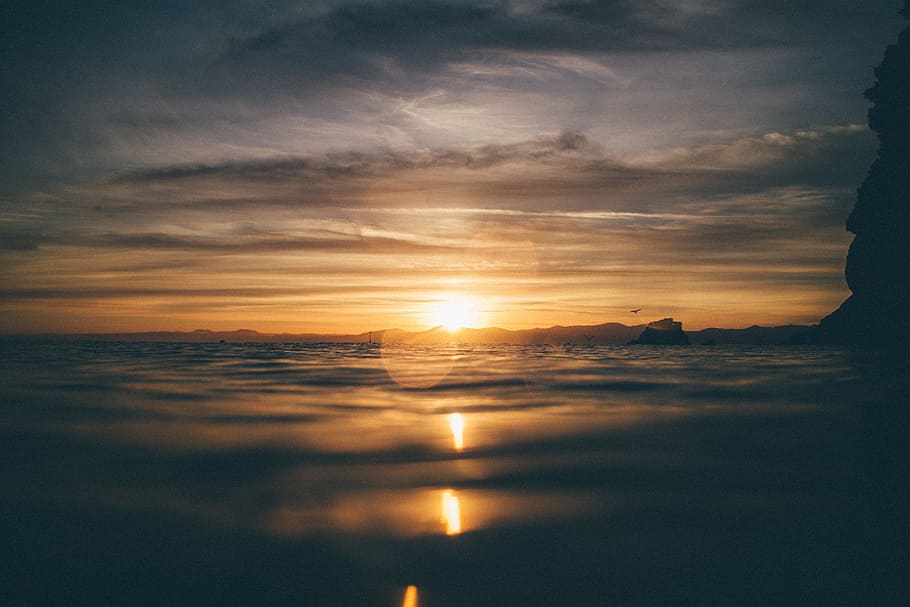 sunset, ocean, sea, beach, water, flare, clouds, sky, scenics - nature HD wallpaper