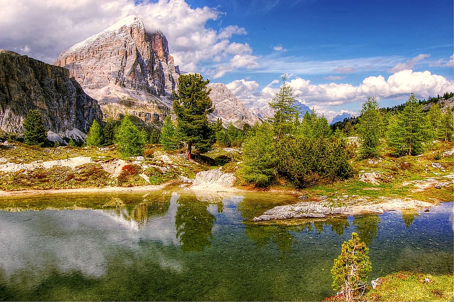 body of water near green leaf trees in daytime, dolomites, mountains, HD wallpaper