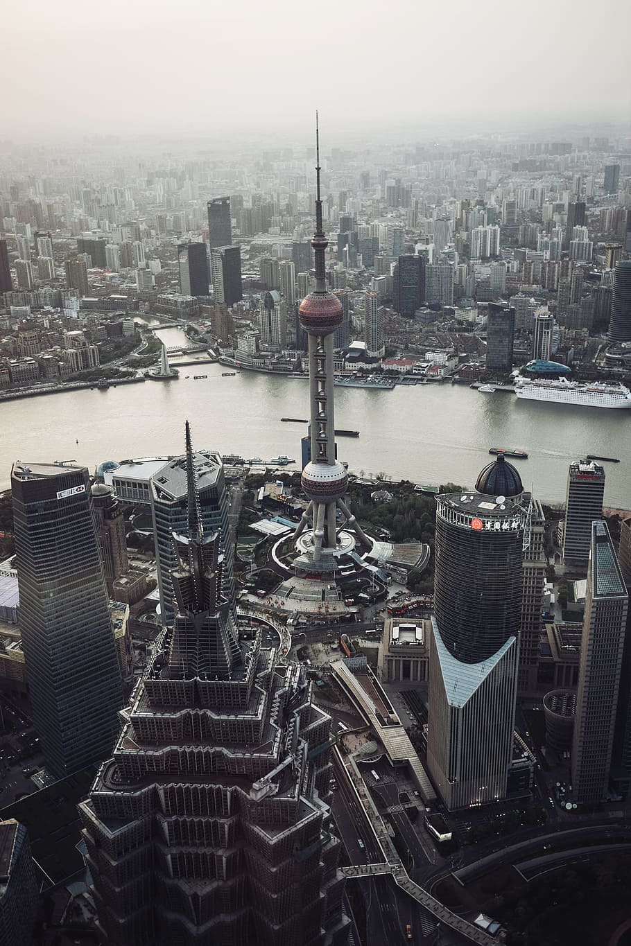 Oriental Pearl tower, Shanghai China, aerial photography of CN Tower, Canada