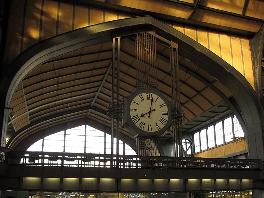 Hamburg, Central Station, roof construction, clock, time, clock face, HD wallpaper