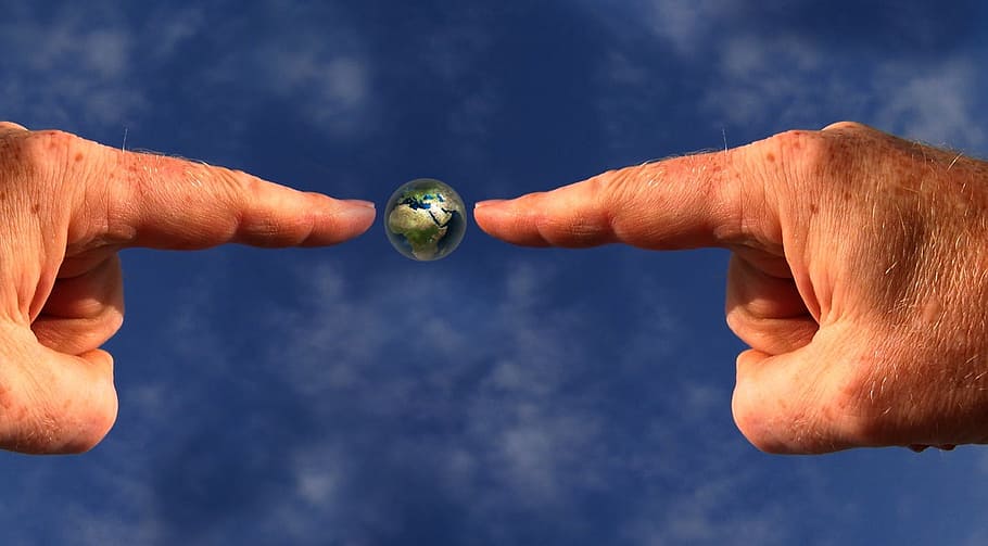 person pointing on earth digital wallpaper, globe, recycling world, HD wallpaper
