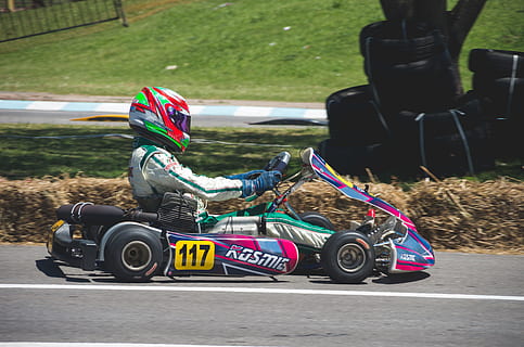 Man In Racing Suit With Helmet Riding Go Kart, circuit, drive HD wallpaper