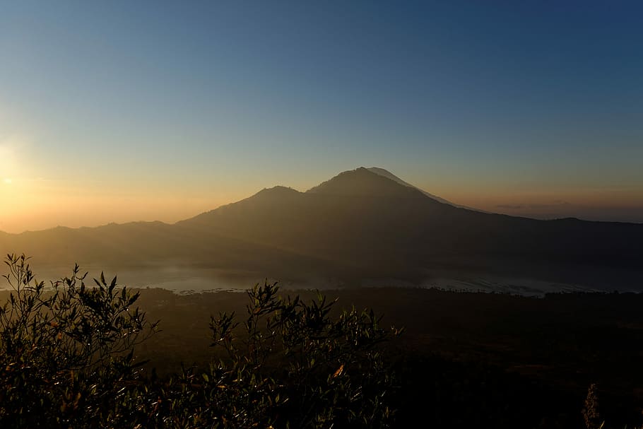 silhouette of mountain under blue sky during sunrise, nature HD wallpaper