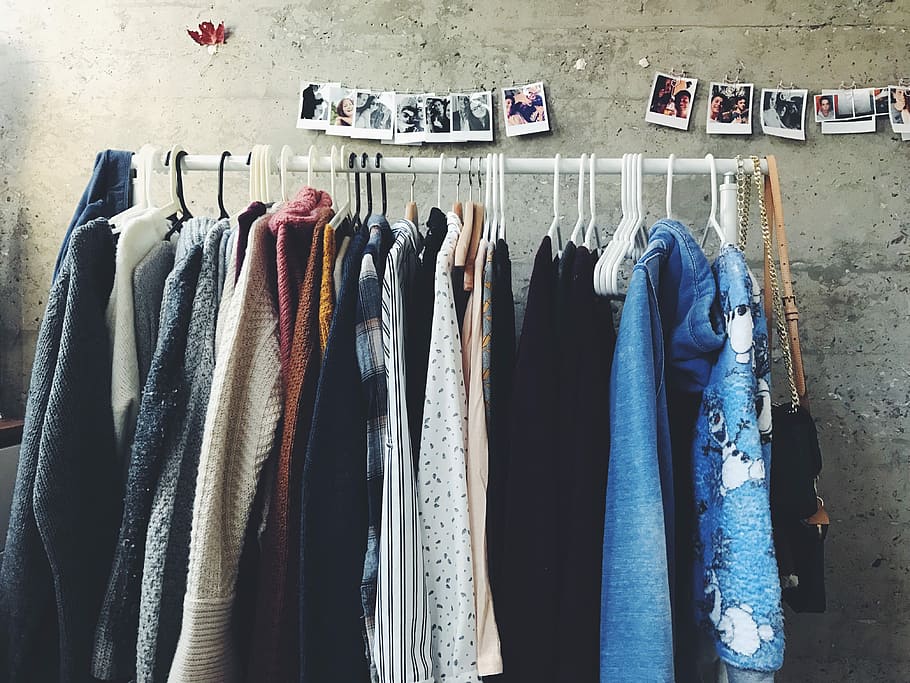 assorted-color clothes lot, assorted shirts hangs on pole with photo above it, HD wallpaper