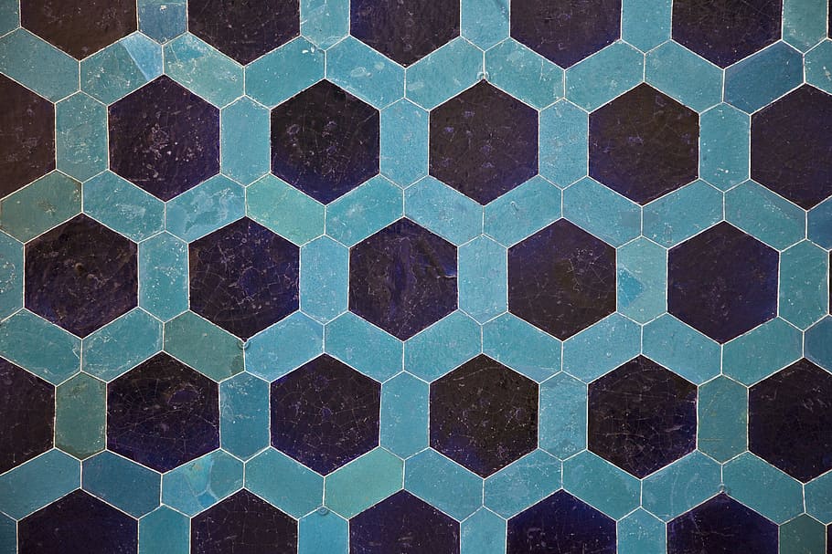 teal and black honeycomb pavement illustration, Mosaic, Model, HD wallpaper