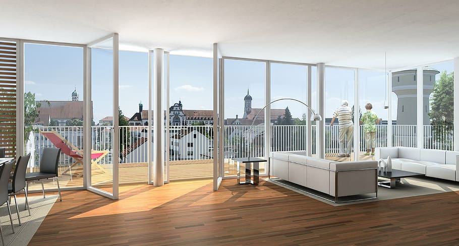 two man and boy looking outside, interior, villa, rendering HD wallpaper
