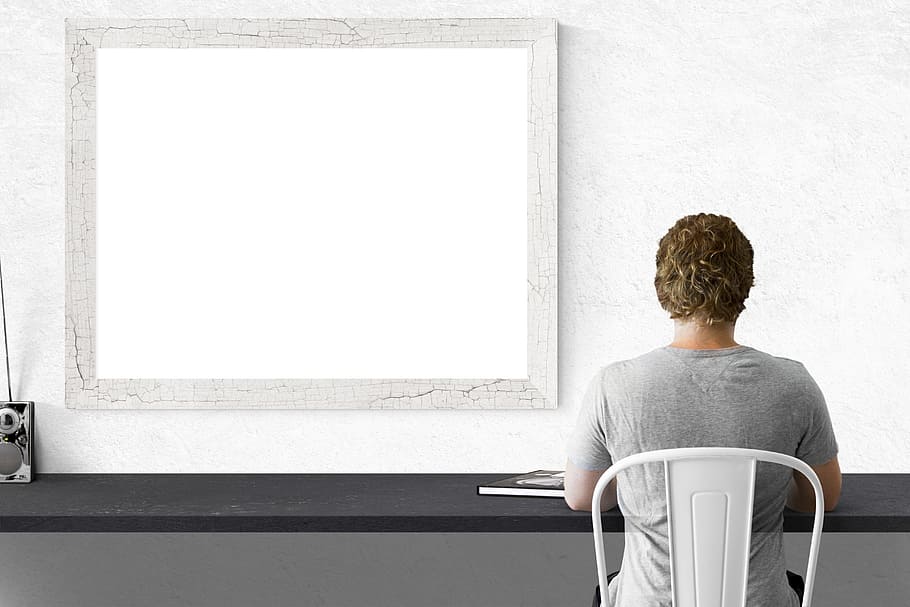 person sitting on white metal chair, mockup, wall, poster, frame HD wallpaper