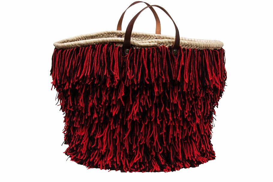 red fringe tote bag, nakwa, basket, trend, south of france, wool fringe, HD wallpaper
