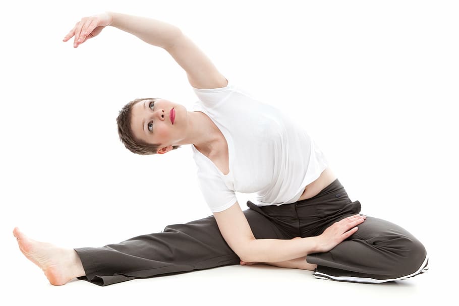 woman in white crew-neck t-shirt doing yoga, active, athletic HD wallpaper