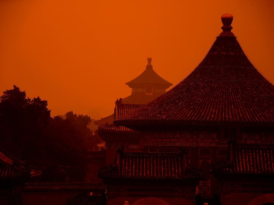 brown roof shingle building, china, temple, heaven, architecture HD wallpaper
