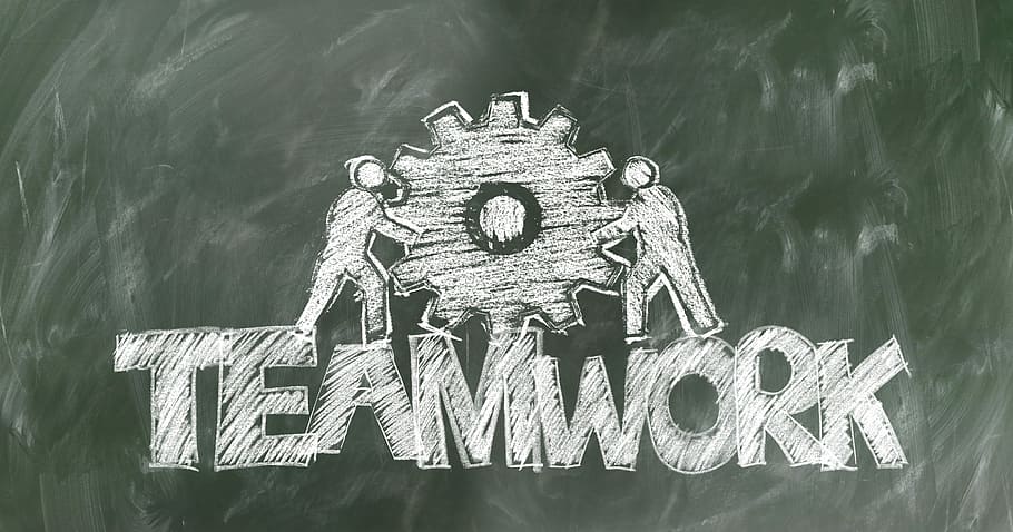 Teamwork illustration, gear, board, chalk, hatch, gears, drive