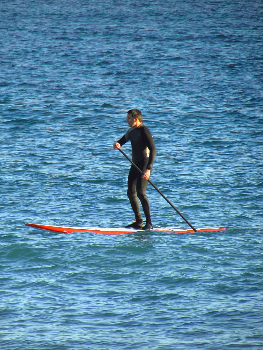 sea, paddle, surf, man, water, blue, sport, is, one person HD wallpaper