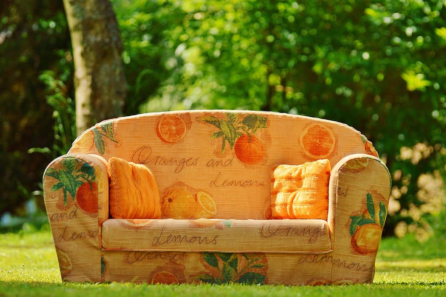oranges and lemons printed fabric sofa on grass lawn, couch HD wallpaper