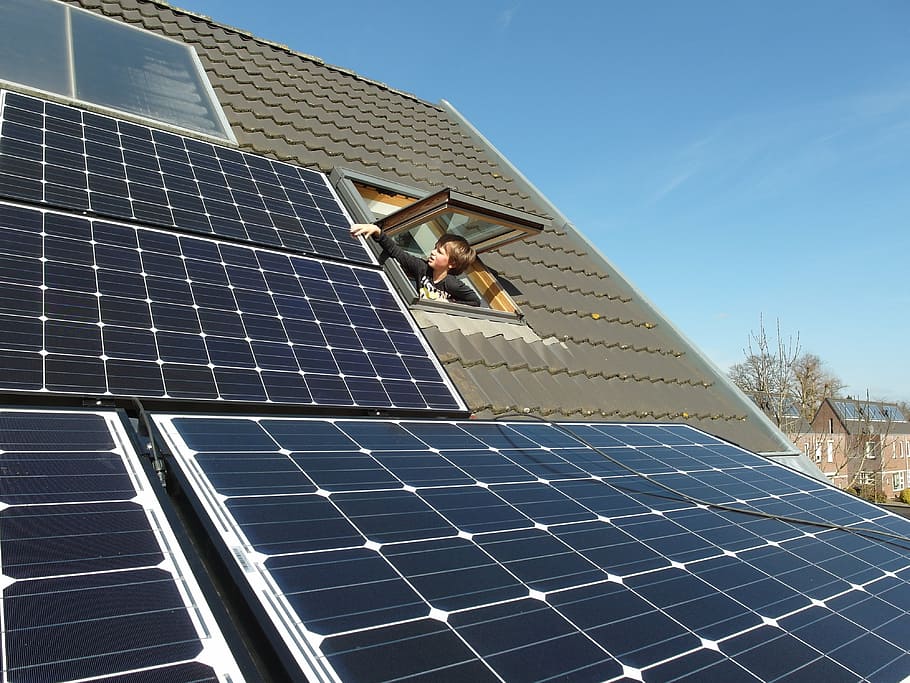 boy wearing black shirt near solar panel, solar panels, energy