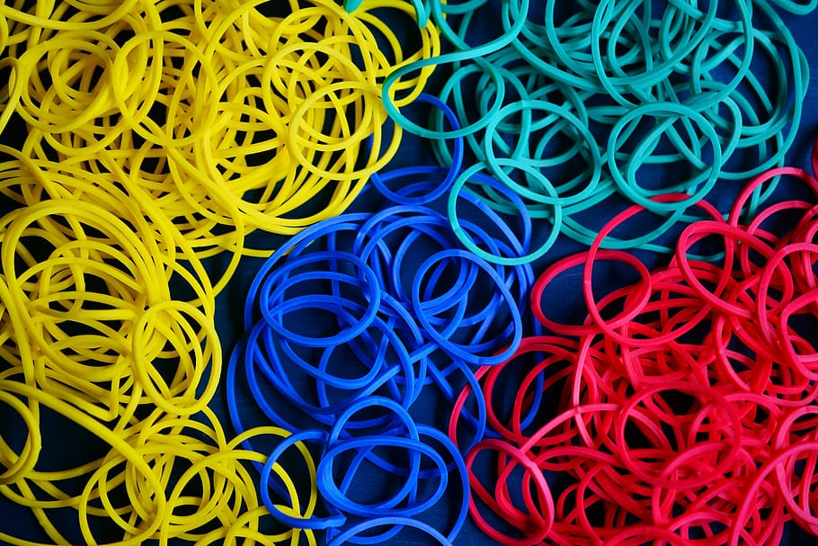 blue, yellow, and red rubber bands, Rings, Annular, rubber rings