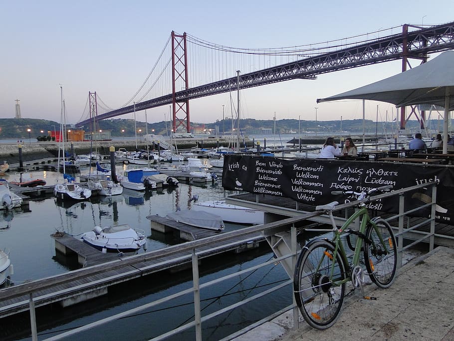 lisbon, marina, docks, transportation, bridge, architecture HD wallpaper