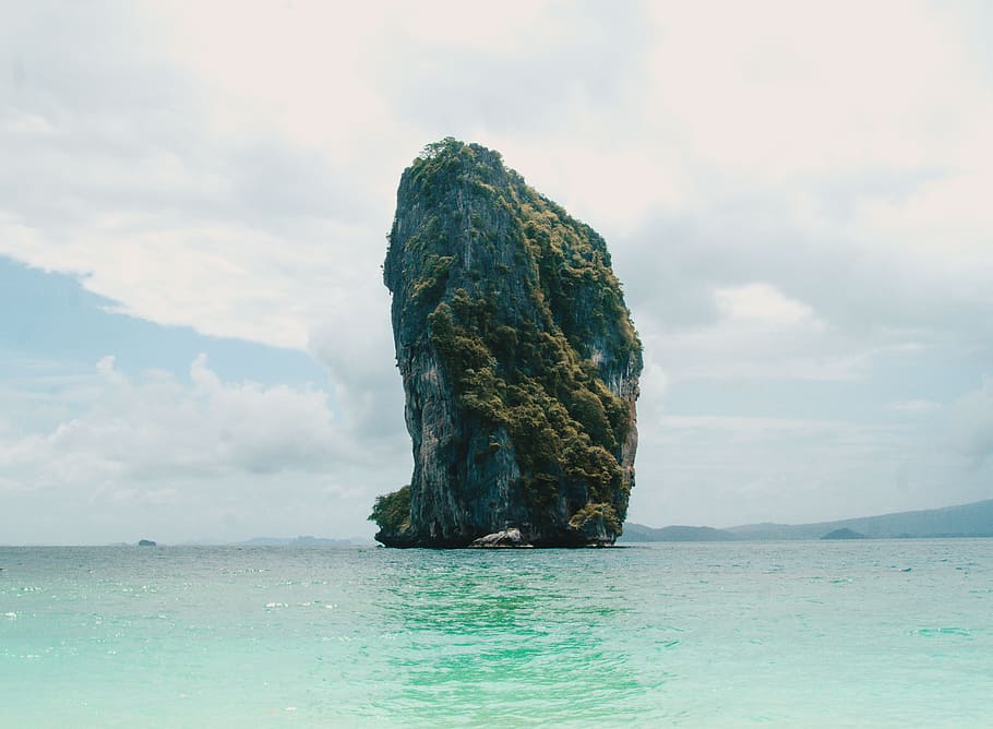 sea, nature, sky, beach, cliff, clouds, cloudy, idyllic, island HD wallpaper