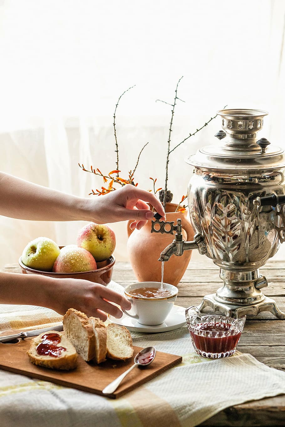 person holding gray samovar tea urn, breakfast, table, a sandwich HD wallpaper