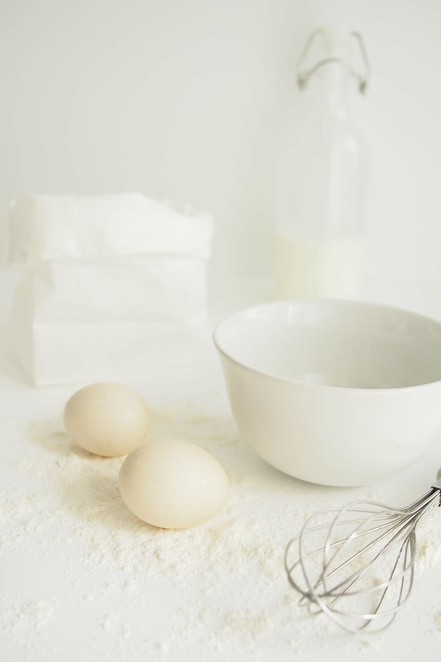 two white eggs beside white ceramic bowl on white surface, flour, HD wallpaper