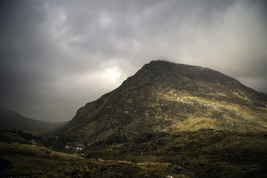 brown mountain peak under white clouds, gray mountain, rainbow HD wallpaper