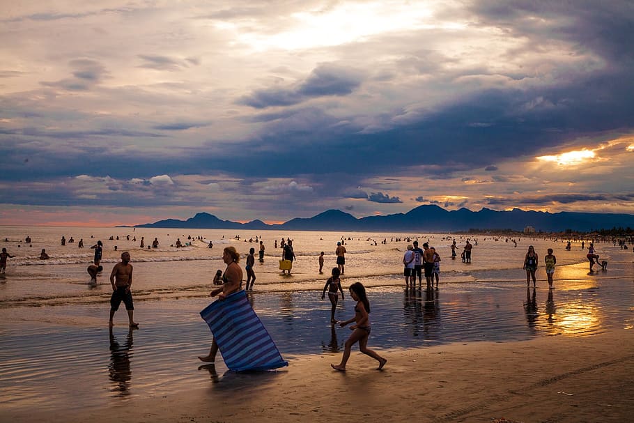 beach, people, water, mar, sand, sol, litoral, tourism, sunset HD wallpaper