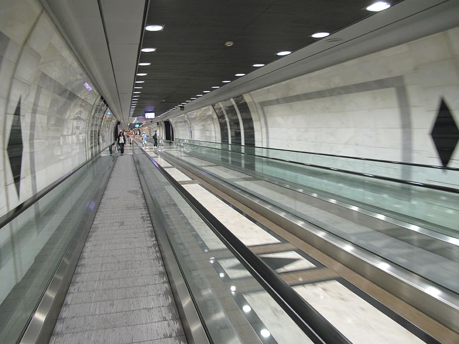 grey concrete building, corridor, tracks, train, tunnel, rail HD wallpaper