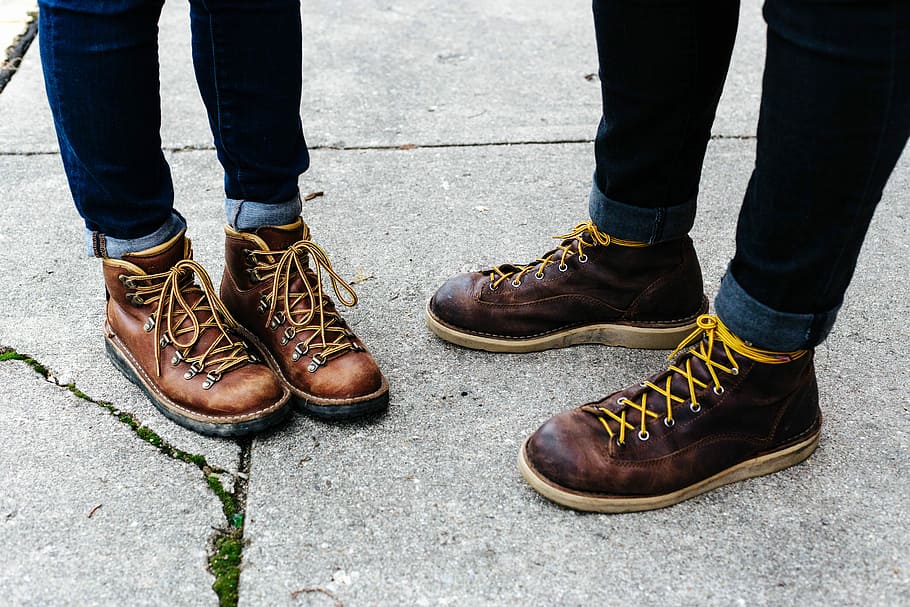 two person wearing brown leather boots, two person wearing brown leather lace-up boots, HD wallpaper