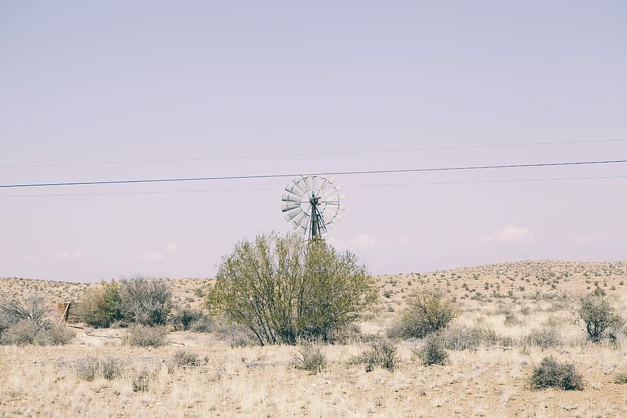 Karoo Windmill, gray wind turbine near trees, desert, sky, grass HD wallpaper