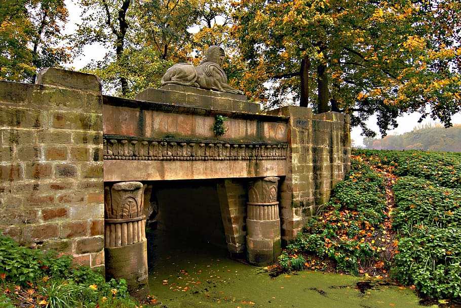park, the sphinx, bridge, columns, canal, trees, autumn, day HD wallpaper