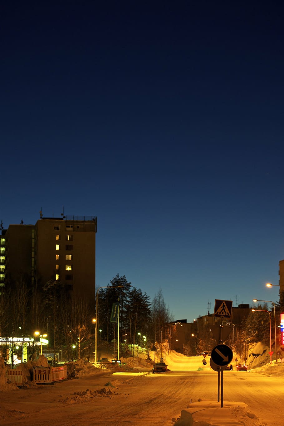 winter, sun down, glow, deep blue, orange, road, night, evening HD wallpaper