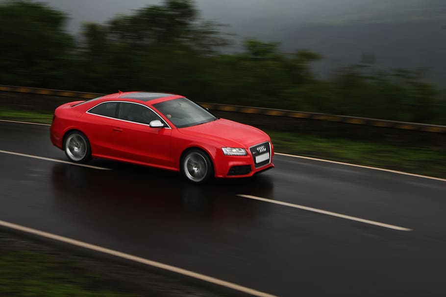 red coupe traveling on black asphalt road, Audi, Car, Motion HD wallpaper