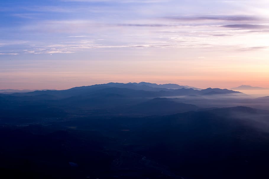 aerial view of mountain range, sunset, sunrise, orange, landscape HD wallpaper