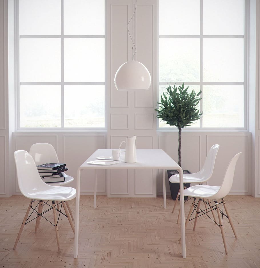white table and four chairs near windows, architecture, design, HD wallpaper