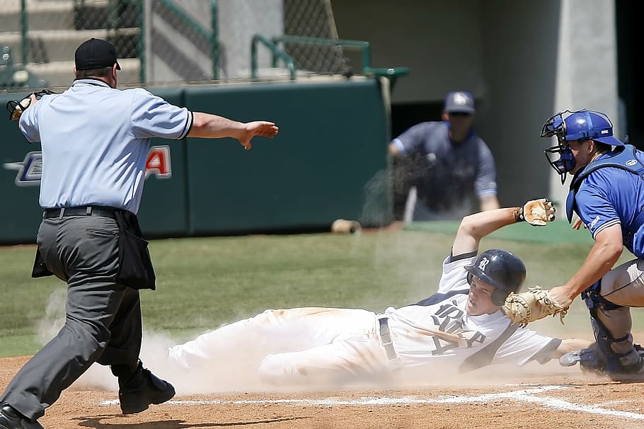 baseball game match during daytime, sliding, runner, scoring HD wallpaper